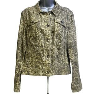 Christopher & Banks Khaki & Black Print Denim Jean Jacket Metal Rivet Buttons-M